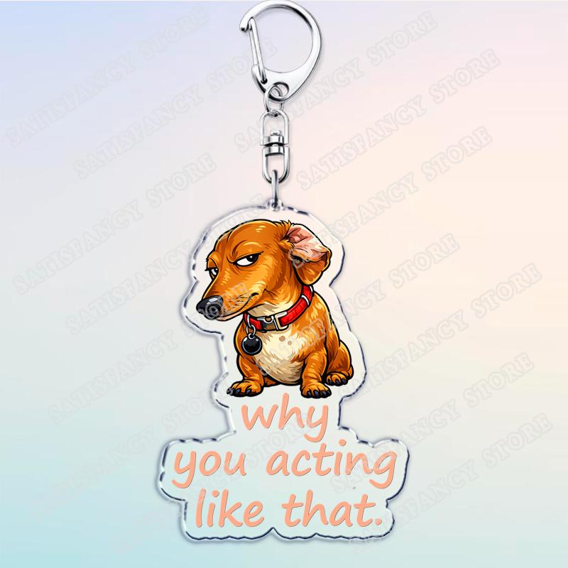 Funny Suspicious Dog Meme Face Keychains for Accessories Bag Fun Side Eye Puppy Dachshund Keyrings Jewelry Fans Friends Gifts
