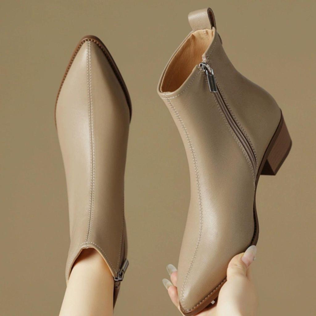 Ghete de gleznă de toamnă pentru femei cu vârf ascuțit, din piele de oaie, cu toc mediu, gros și căptușeală de catifea