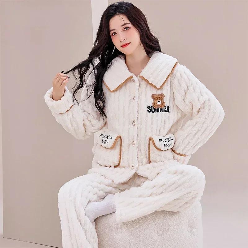 Winter Long Sleeve Thick Warm Flannel Pajama Sets for Women Coral Velvet Cardigan Sleepwear Suit Pyjamas Homewear Luxury Clothes