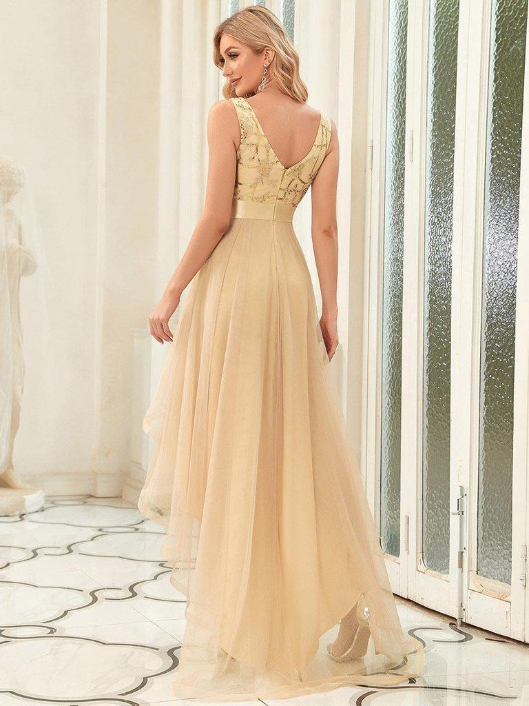 European Plus Size Sequin High-Low Evening Gown, Deep V Mesh New Year's Eve & Bridesmaid Dress 2026