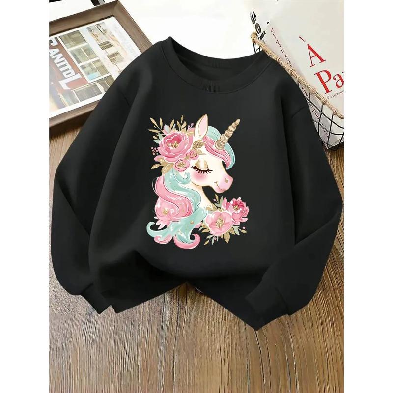 Rundhals-Sweatshirt für Mädchen mit einem verspielten Einhorn-Blumen-Design, perfekt für Frühling und Herbst. Es ist maschinenwaschbar
