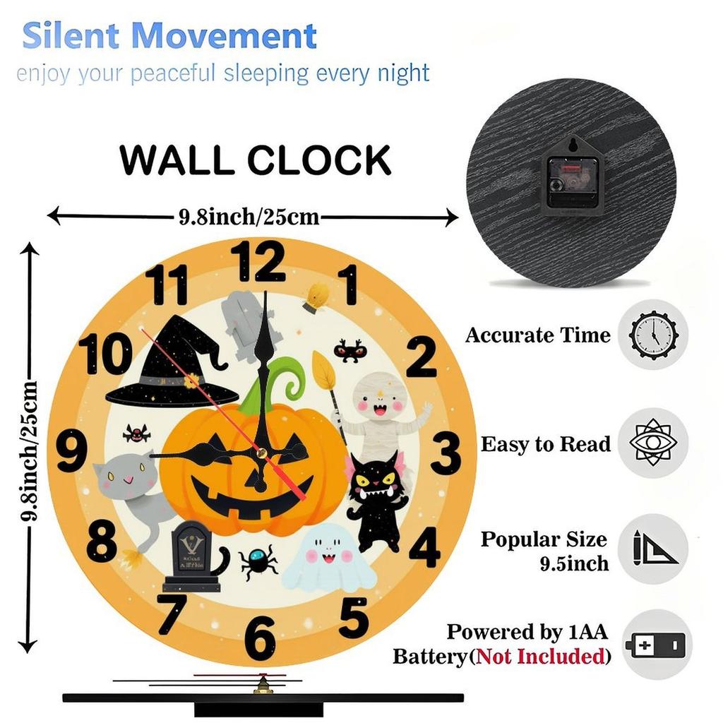 Custom Pattern Wall Clock, Custom Logo, Halloween Style Design, Artistic Home Decor, 10-Inch Silent Wooden Wall Clock