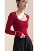 Women's Slim-Fit Wine Red Long Sleeve T-Shirt, 2025 Autumn/Winter, Skin-Whitening, Large Neckline.