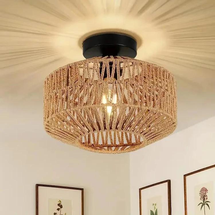 Hand-woven Natural Bamboo Ceiling Chandelier Hanging Lamp Rattan Fixture Weaving Home Living Room Decor Ceiling Pendant Light