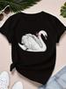White Swan with Pink Ribbon Printed Women's T-Shirt Round Neck for Summer Women's Short Sleeve Tops Fashion Clothing