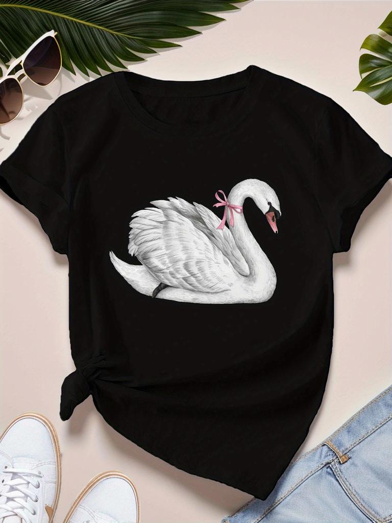 White Swan with Pink Ribbon Printed Women's T-Shirt Round Neck for Summer Women's Short Sleeve Tops Fashion Clothing