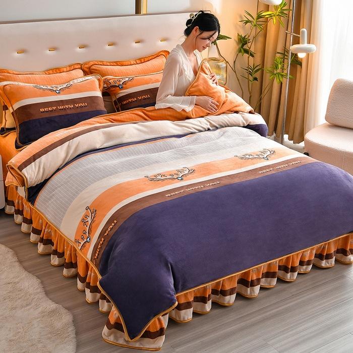 Thickened Milk Fleece Four-Piece Coral Fleece Quilt Cover, Bed Sheet Fleece Double-Sided Fleece Flannel Bedding, Bed Skirt