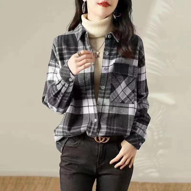 Women's Autumn 2025 Plaid Wool Mid-Length Loose Shirt