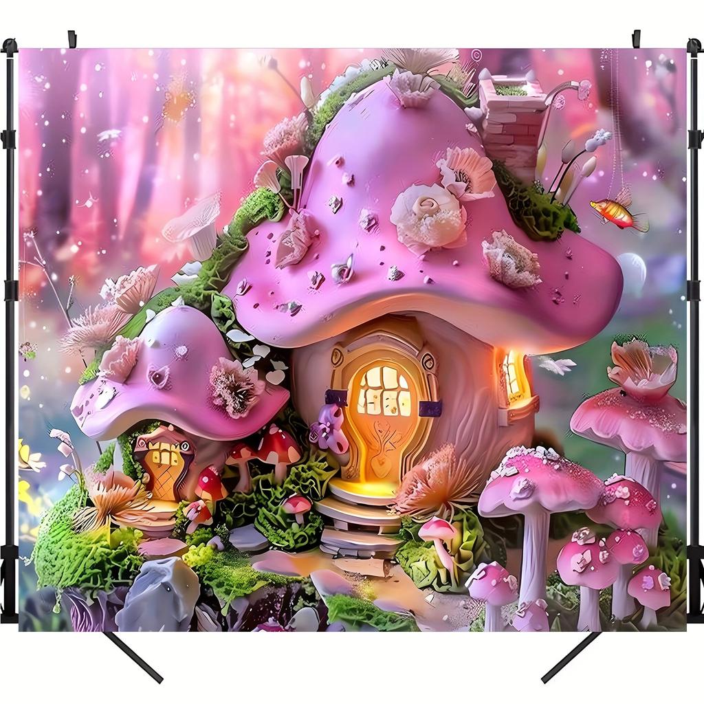 Pink Fairy Tale Mushroom Cottage Tapestry, Party and Photography, Perfect for Spring/summer Event Mushroom Party Decorations