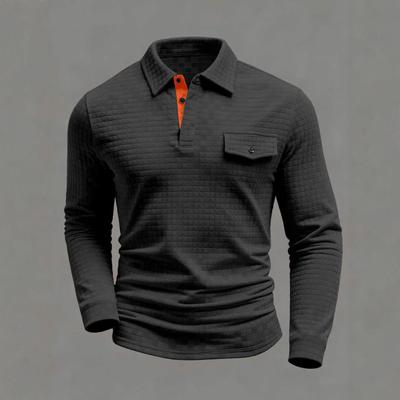 Herren Langarm Kariertes Poloshirt Frühling Knopf Tasche Sport Poloshirt