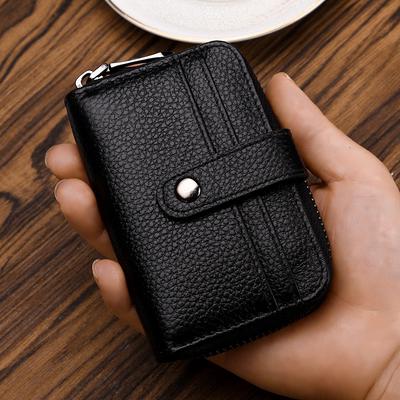 Short Zipper Women's First-layer Cowhide RFID Card Bag Card Holder, Men's Multi-functional Leather Organ Card Holder ID Bag