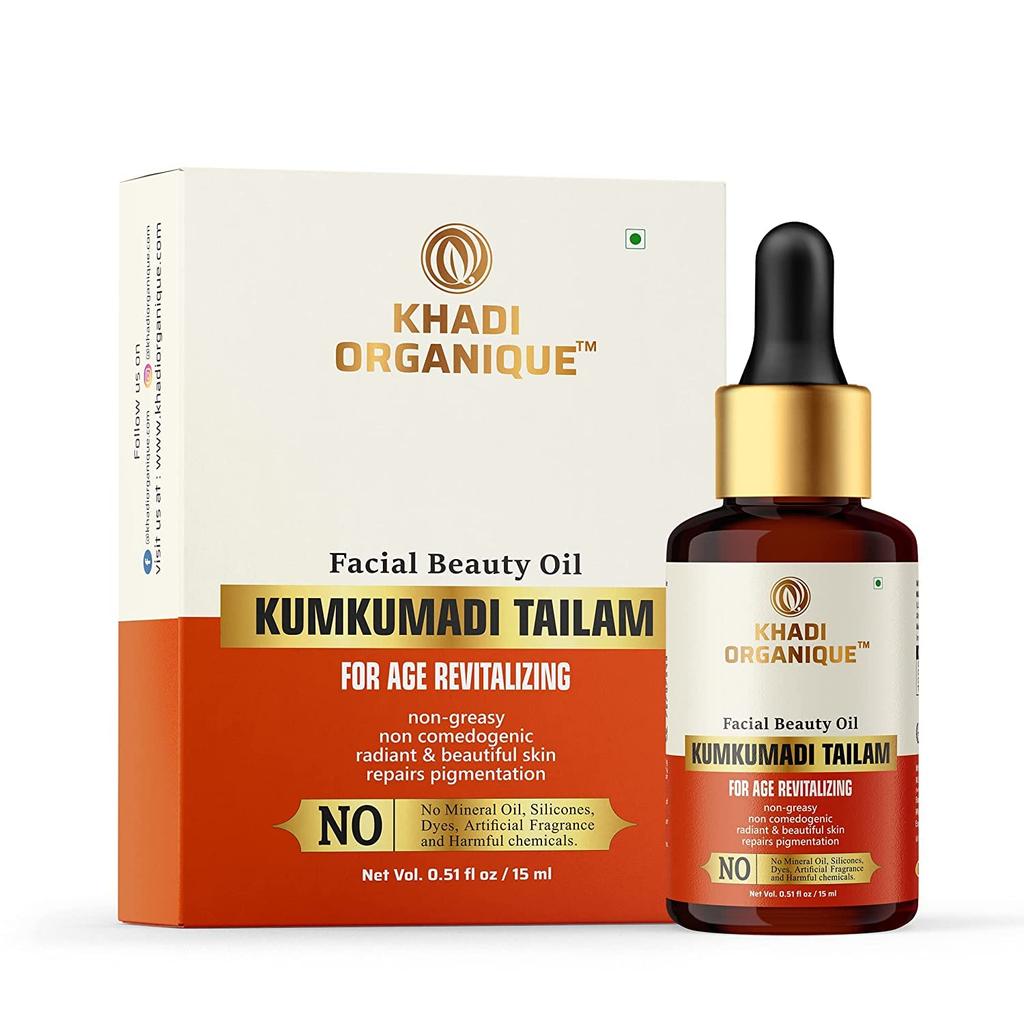 Khadi Organique Kumkumadi Tailam Face Oil for Brightening, Moisturizing & Glowing Skin | Facial Oil for Acne, Pimples & Blackheads | Suitable for M