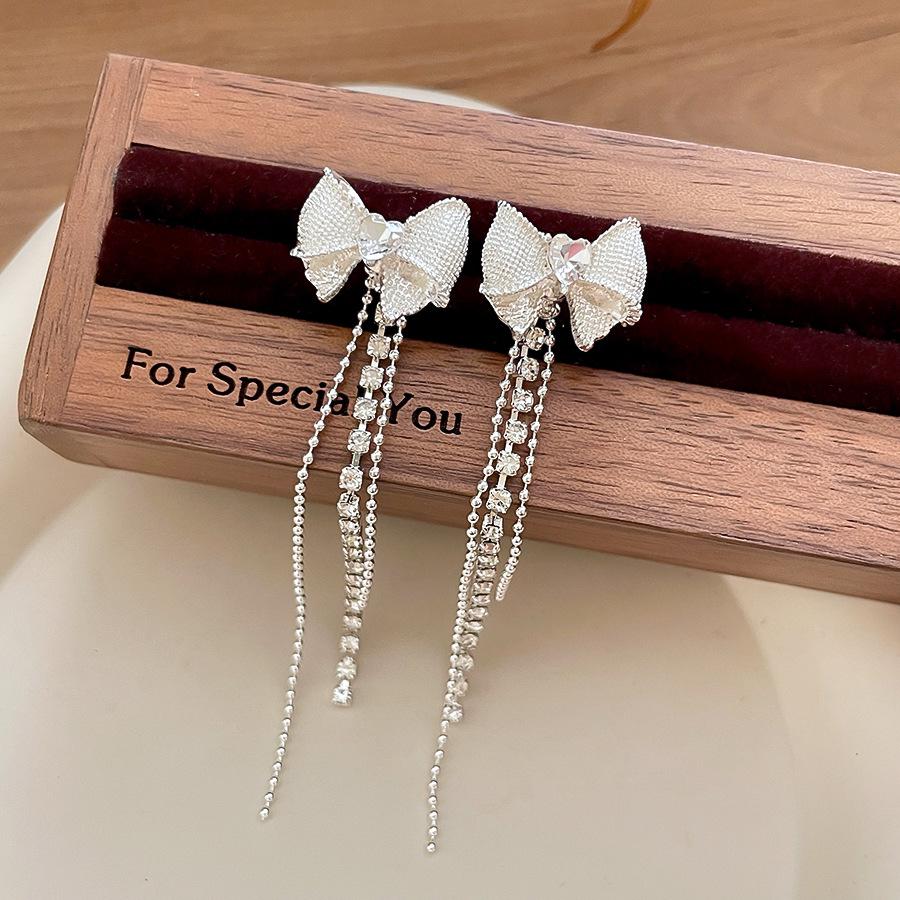 Elegant Rhinestone Bow Heart Tassel Earrings - Silver Needle Fashion Accessories