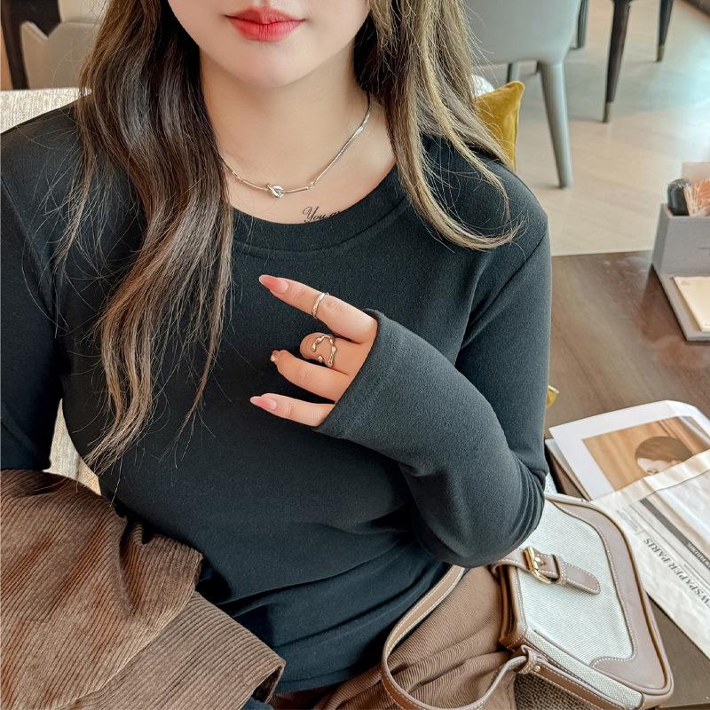 

Весна Осень Круглый вырез Повседневная Мода Простая Универсальная Футболка Женская Длинный рукав Приталенный Пуловер Футболка Топ S чёрный