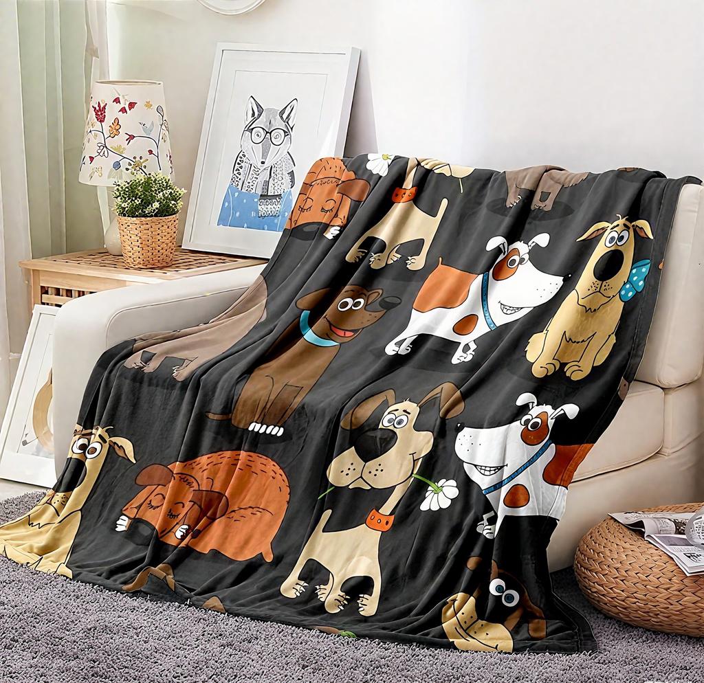 All-Season Flannel Throw Blanket with Cute Cartoon Dog - Soft, Warm & Comfortable, Great for Sofa or Bed, Multi-Colored Variant