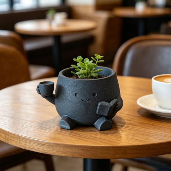 Sød Smilende Ansigt Planteholder, 3D Printet Læsende Hoved Planteholder, Siddende Figur Med Bog Og Kop Plante Pot til Sukkulenter Kaktus Skrivebordsdekoration