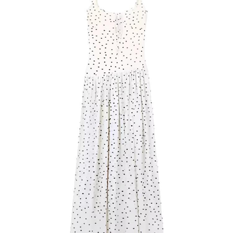 French Temperament Waist Polka Dot Suspender Dress, Women's Summer Seaside Vacation Style Skirt, Lace-up A-shaped Long Dress