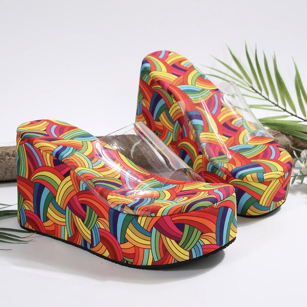 Mode Comemore Bunte Keilsandalen Hausschuhe Damen Sommer Hohe Absätze PVC Transparente Riemen Pantoletten Lässig Peeptoe Plateau Sandalen