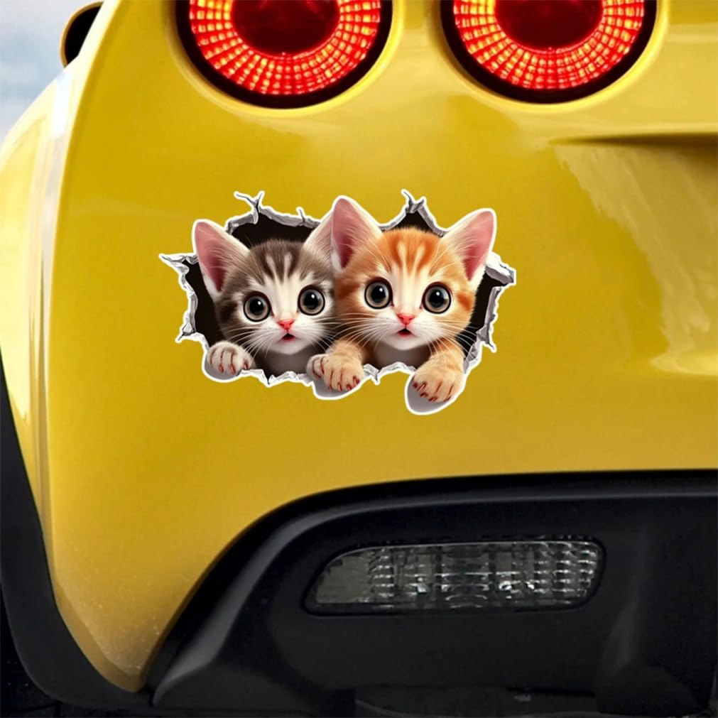 Set de 2 Autocolante 3D Pisică Desene Animate 16x10cm Umor Impermeabile Decalcomanii Animale pentru Mașină Camion Motocicletă Perete | #JP18