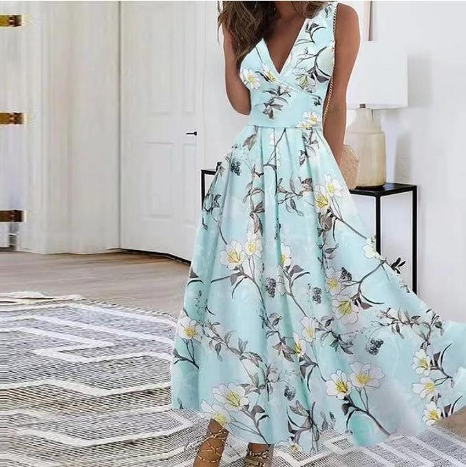 

Women s Floral Print V-Neck A-Line Summer Dress with Ruffle Hem, Casual Elegant Sleeveless Dress XXL