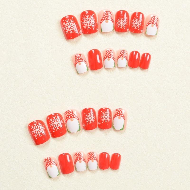 White Snowflake Press On Nails Short Square Artificial Nails Santa Claus Full Cover Stick on Nails Christmas False Nails
