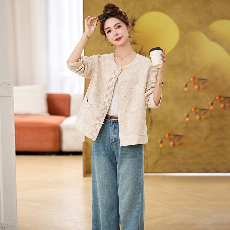 

2025 Spring Versatile Casual Paisley Cotton-Linen Embroidered Beaded Jacket M (55-63 kg)
