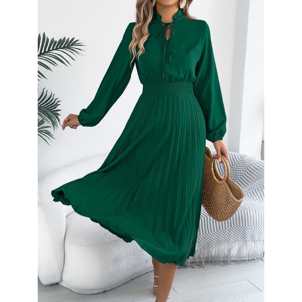 Women's Fashionable Casual Loose-Fit Tie-Waist Bell-Sleeve Pleated Dress