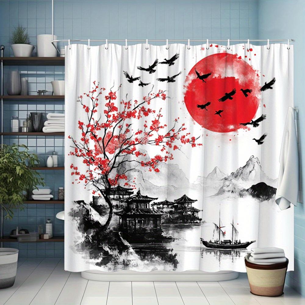 

Shower Curtain With Red Sun, Flying Crows, Cherry Blossoms, And Traditional Landscape Patterns; Polyester Fabric; Bathroom Dcor W60H190(CM)-1 Pcs