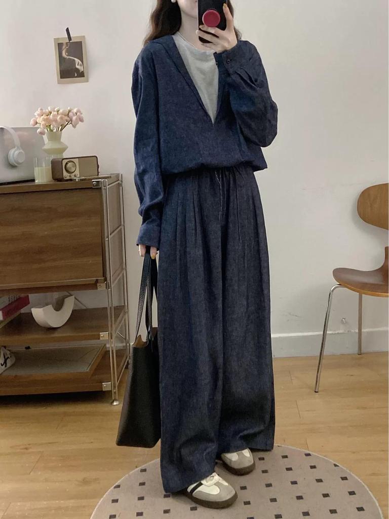 2025 Autumn Linen-Cotton Denim Set: Faux Two-Piece Jacket with Loose Wide-Leg Pants