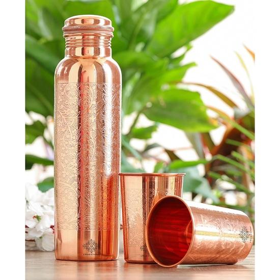 Pure Copper Drinkware Gift Set Embossed Design with 1 Bottle 900 ML, 2 Glasses 275 ML Gifting Item for Diwali, Weddings, Festive Occasions