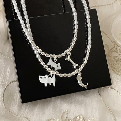 Niche Design Sense Cat Eats Fish Pendant Pearl Necklace Female Simple Personality Versatile Temperament Fashion Neck Chain Collarbone Chain