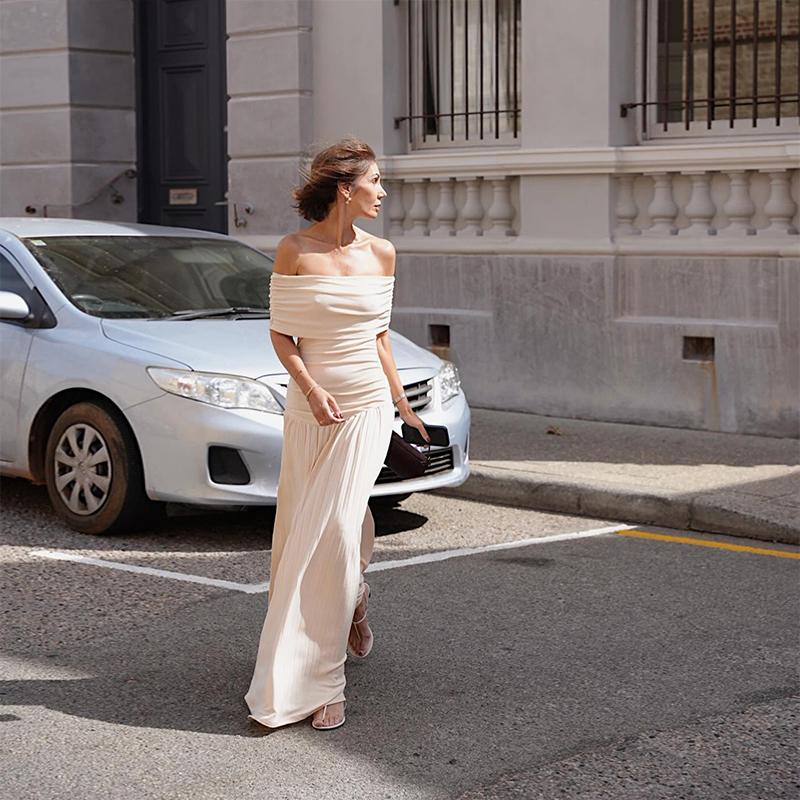 WhereMery Elegantes schulterfreies Slim-Fit-Kleid 2024 Sommer ärmellos plissiertes Mode-Abendkleid Bankett Vestidos Damenbekleidung
