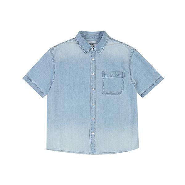 Jambangi Men S Bio-Washed Oversized Denim Short Sleeve Shirt Light Blue/95