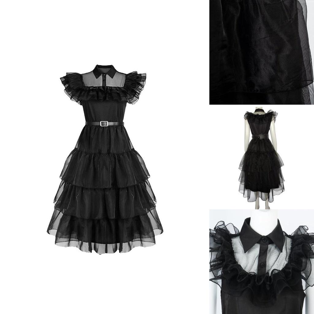 Wednesday Addams Kids Dress Cosplay Costume Party A-shaped Tiered Skirt