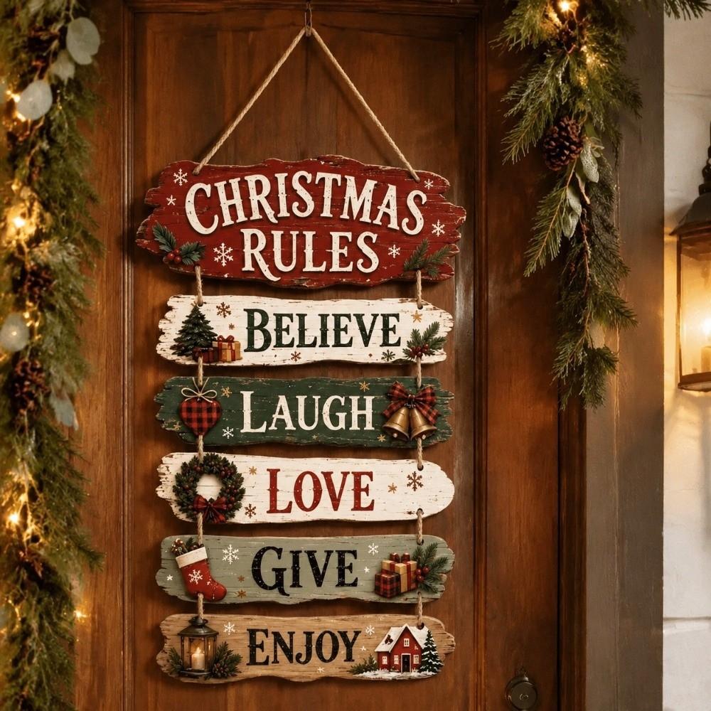 2D Flat 2D Wooden Door Sign Christmas Rules Xmas Hanging Ornament Holiday Gift