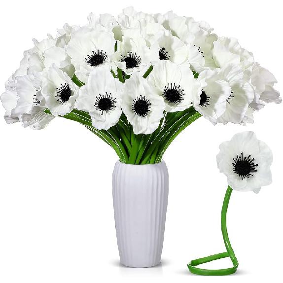 Censen 42 Pcs Artificial Poppy Flowers Bulk PU Silk Poppy Flowers 11 Inch Poppy Anemone Stems Artificial Flowers Table Centerpiece Decor for Home