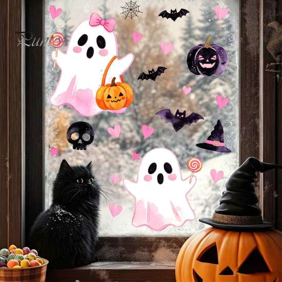 Removable Holiday Decor 2 Sheets Halloween Cartoon Ghost Window Cling, Spooky Decorative Reusable Cling Glass Sticker, Waterproof Static Decal