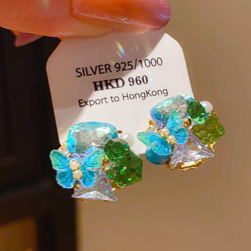 Retro Silver Needle Zircon Glass Water Drop Earrings Court Temperament Stud Earrings Personality Trend Versatile Earrings Women