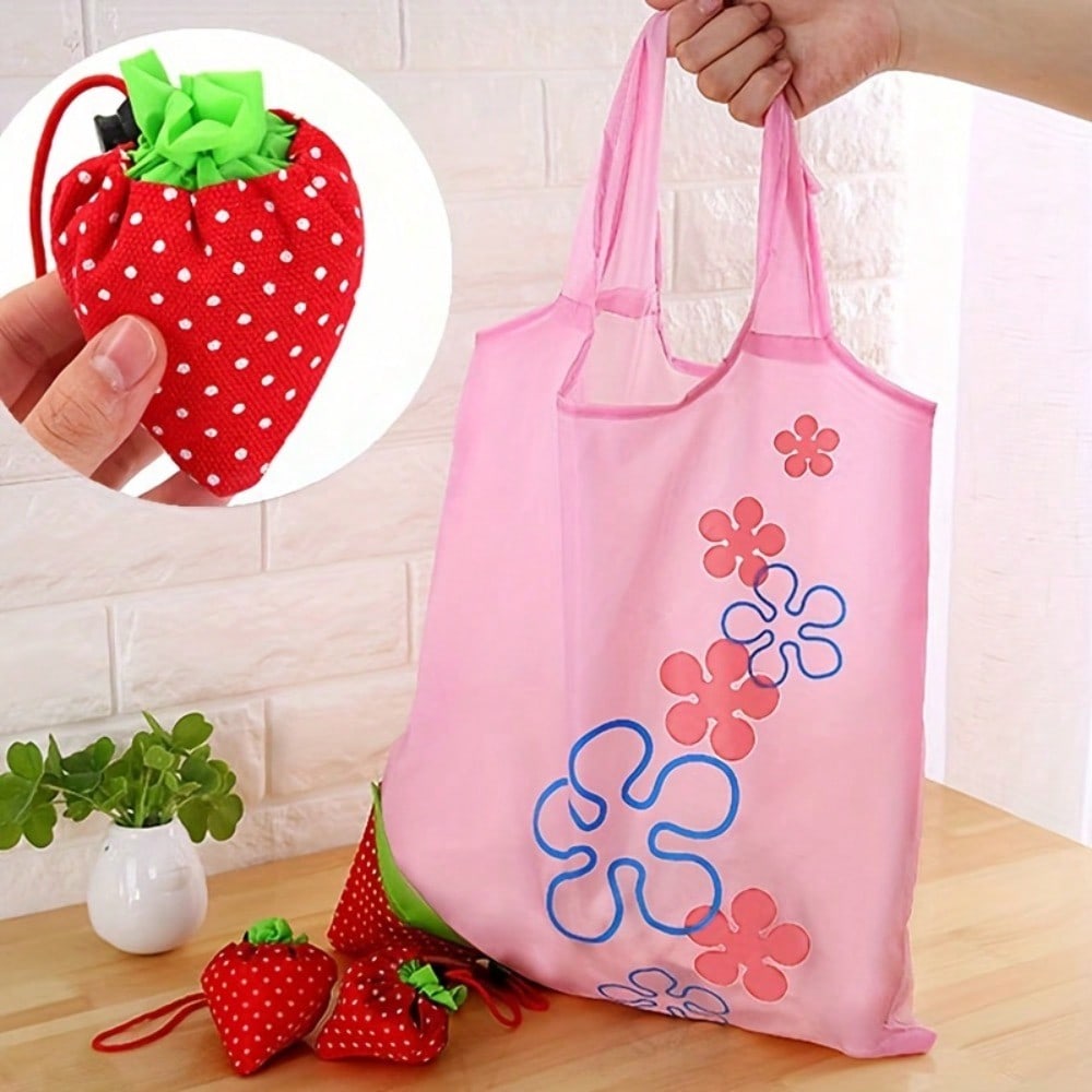 1pc Reusable Grocery Shopping Bag | Leak Proof, Square Shape, Foldable Tote With Cute Strawberry Design And Clutch Accessory