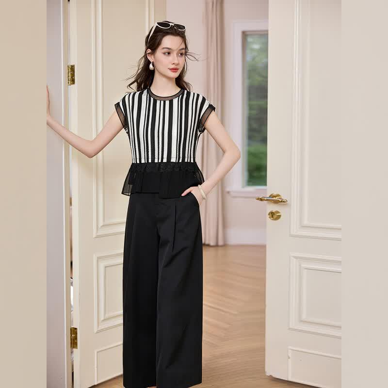 Women's Casual Lace Striped Two-Piece Set