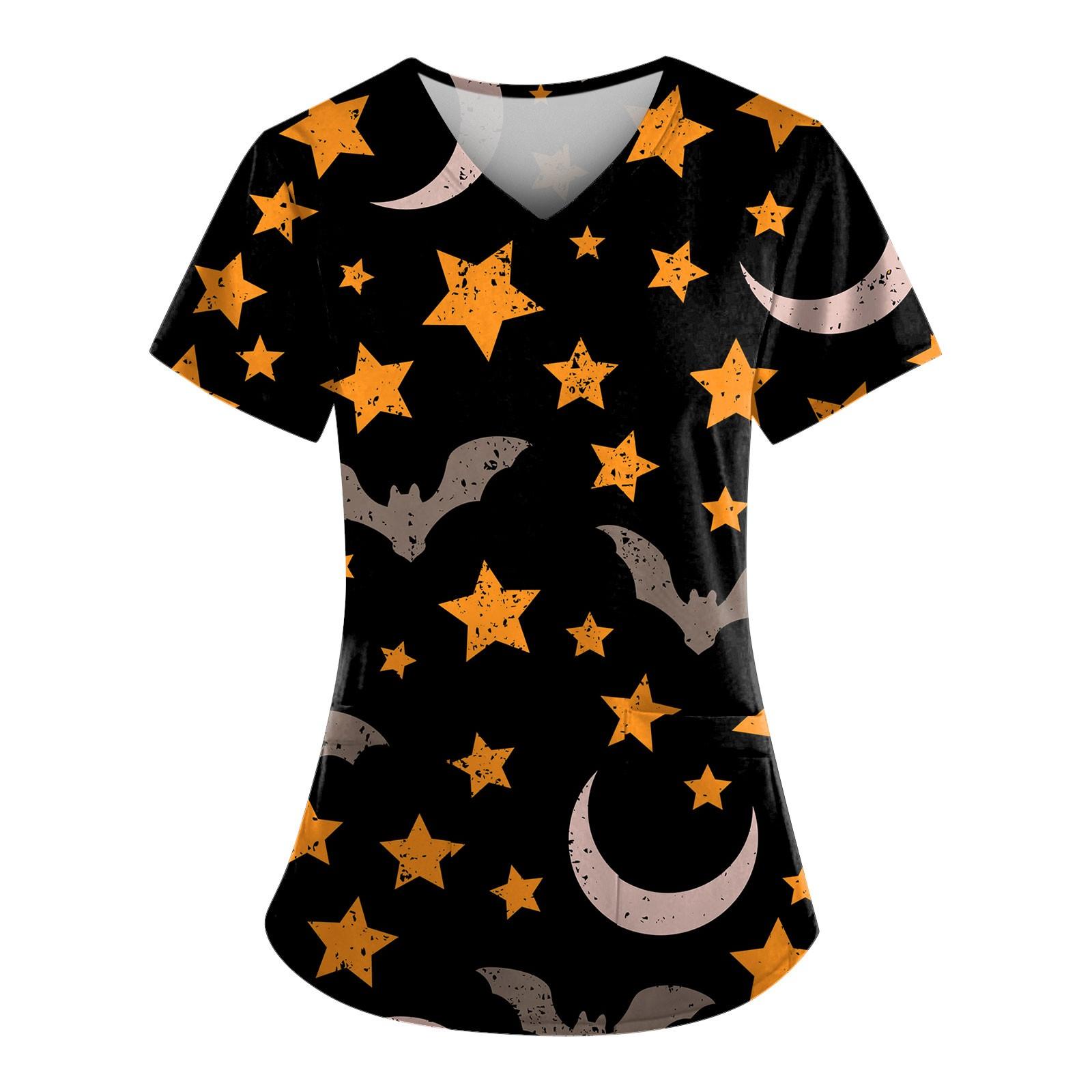 

Жіноча робоча блуза з кишенею з принтом на Хелловін з коротким рукавом і V-подібним вирізом XL чорний