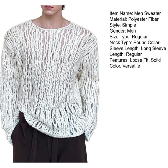 Men Sweater Round Neck Long Sleeve Hollow Out Sexy Perspective Pullover Tops Solid Color Knitting Tops Casual Work Street Wear