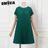 GMXIA Women Casual Summer Short Sleeve Round Neck Pleated Dress