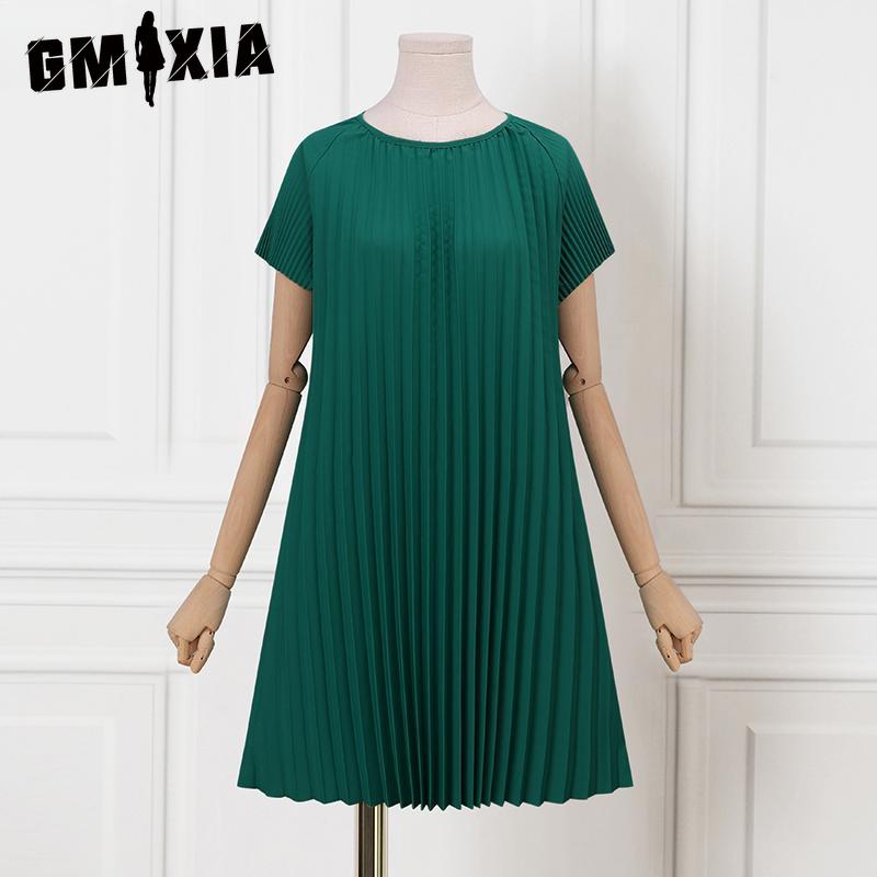GMXIA Women Casual Summer Short Sleeve Round Neck Pleated Dress
