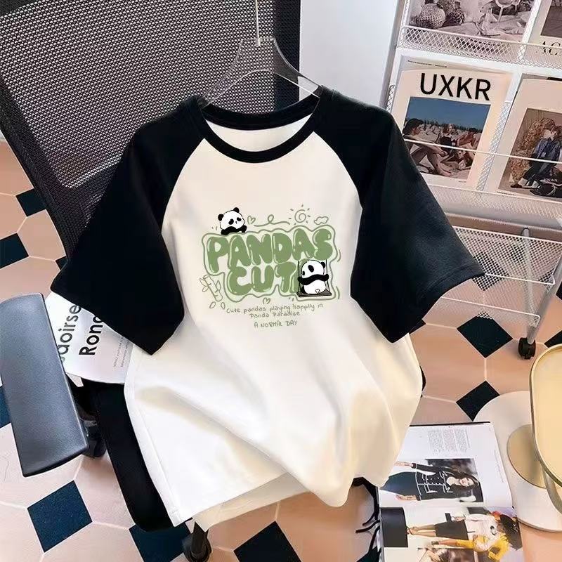 Kids Summer Cotton Cartoon Panda Raglan Sleeve T Shirt Boys Girls Casual Short Sleeve Top 110