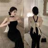 GMXIA Black Halter Dress Summer Pure Desire Spice Dress Sexy Bow Small Slim-fit Wrap Hip Slit Dress