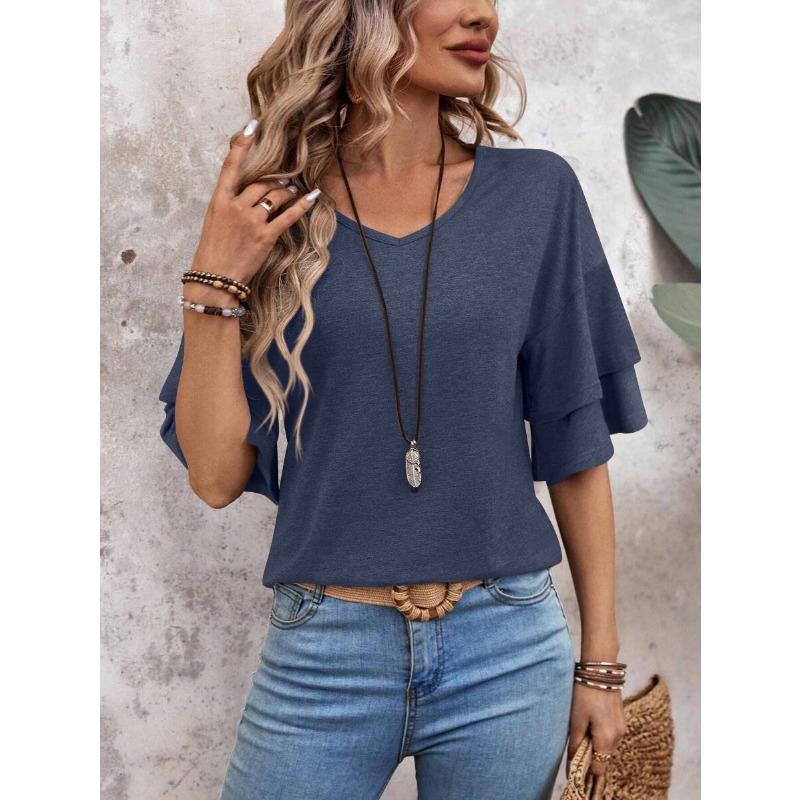 V-neck Double-layer Short Sleeve Loose T-shirt Women Casual Women's Solid Color Slim Fit Blouse Simple Fashion Elegant Tops Basic Clothing