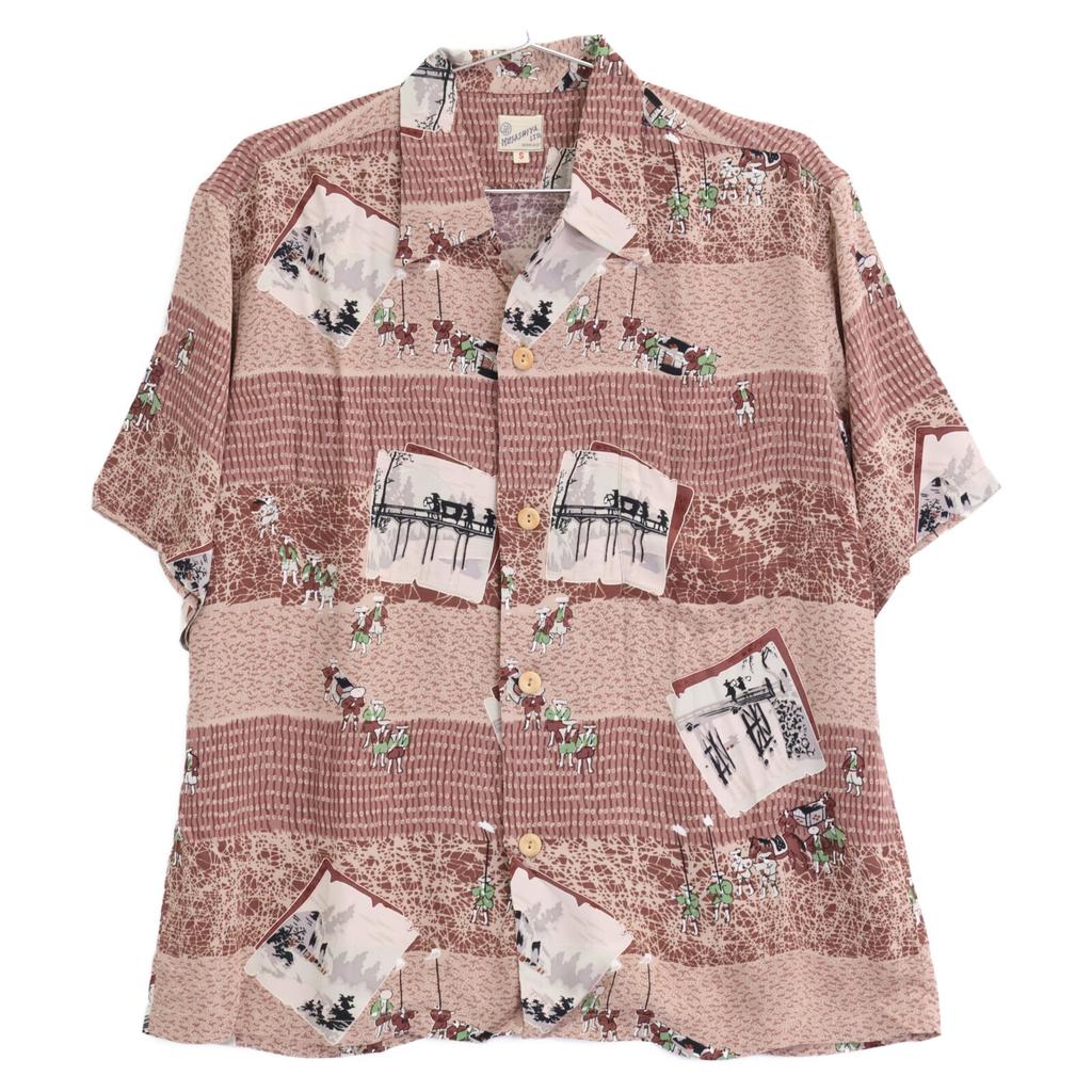 SUN SURF [MUSASHIYA] Stainless Steel30211 Sankin-Kotai Short Sleeve Rayon Aloha Shirt tops S BrownUsed