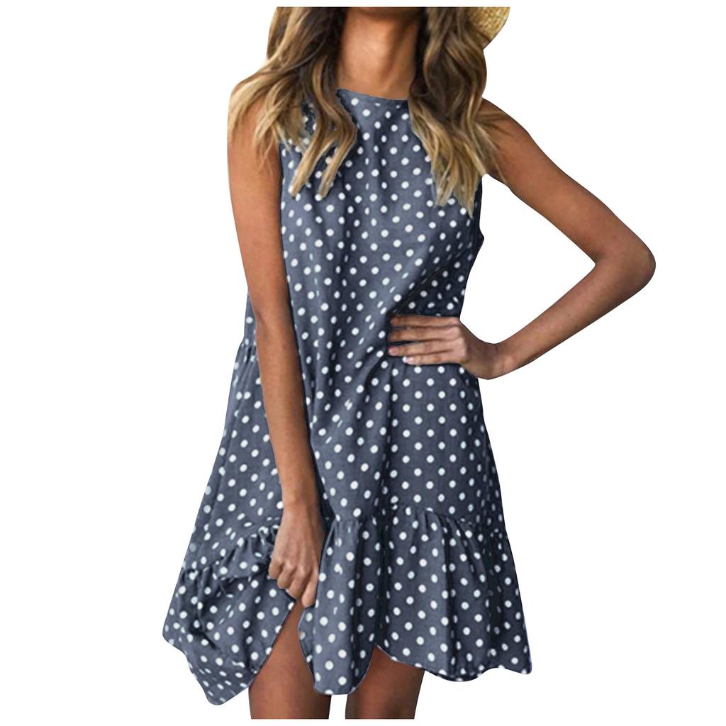 Fashion Women Sleeveless Polka Dot Loose Casual Ruffle Dress