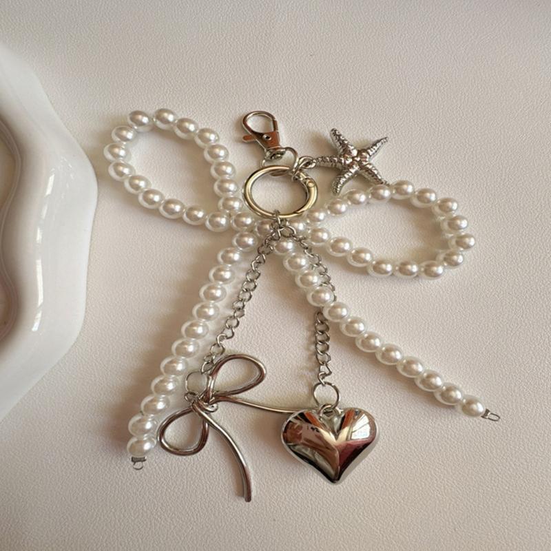 Delicate Bows Keychain Key Holder Featuring Pearls Accent And Starfish Design Fashionable Wallet Handbag Charm